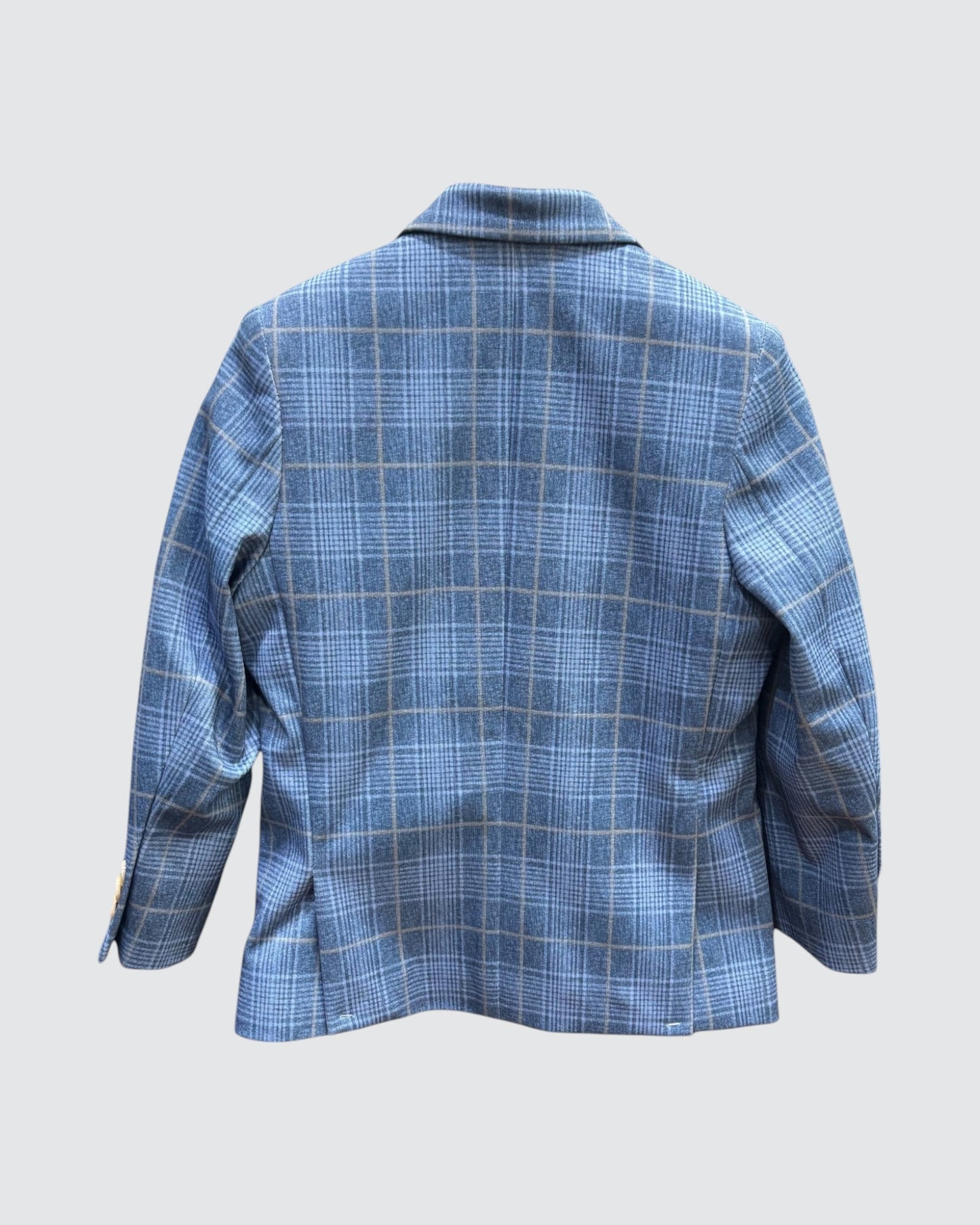 image of blue blazer with beige checks, back view