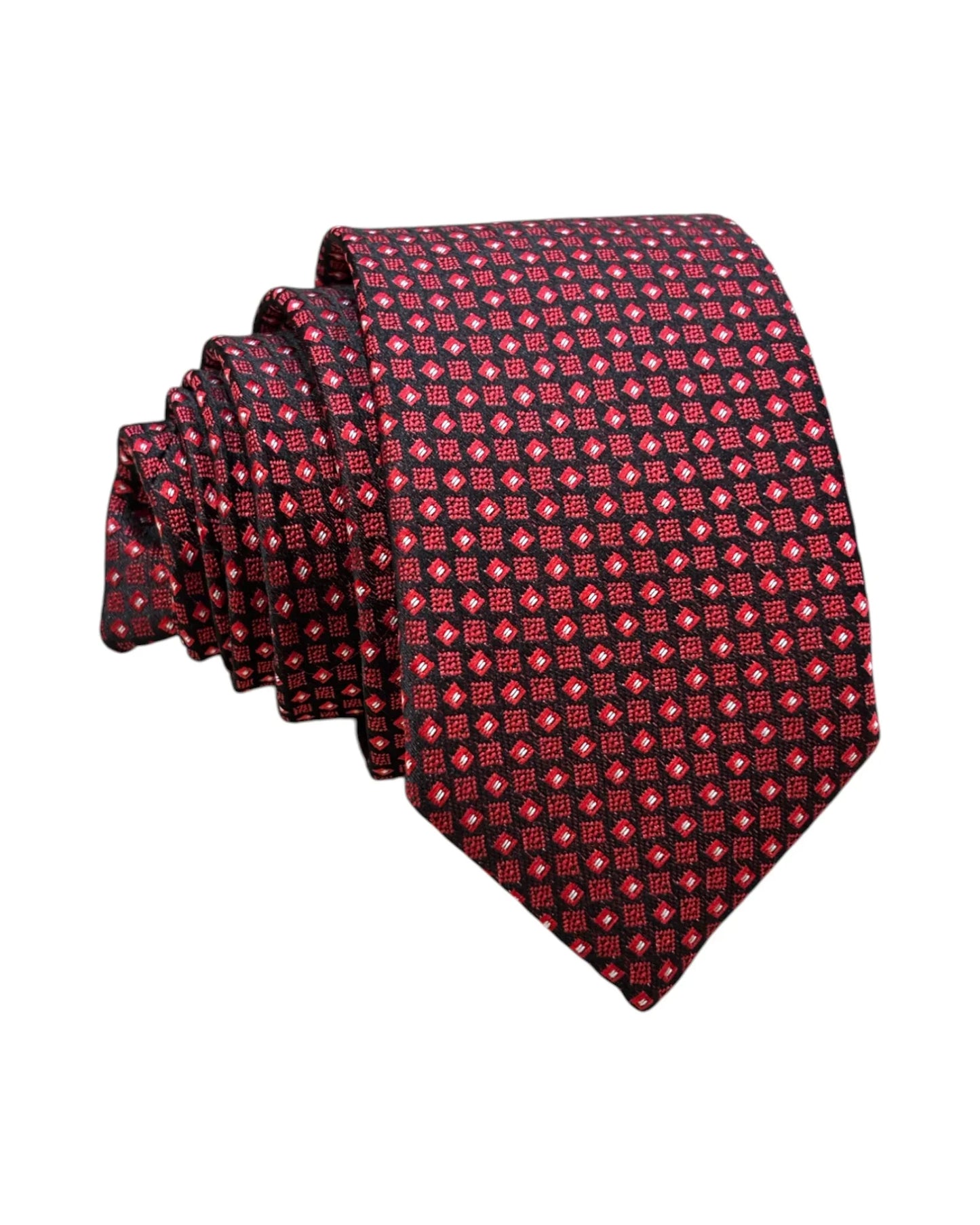 Red patterned tie on a white background