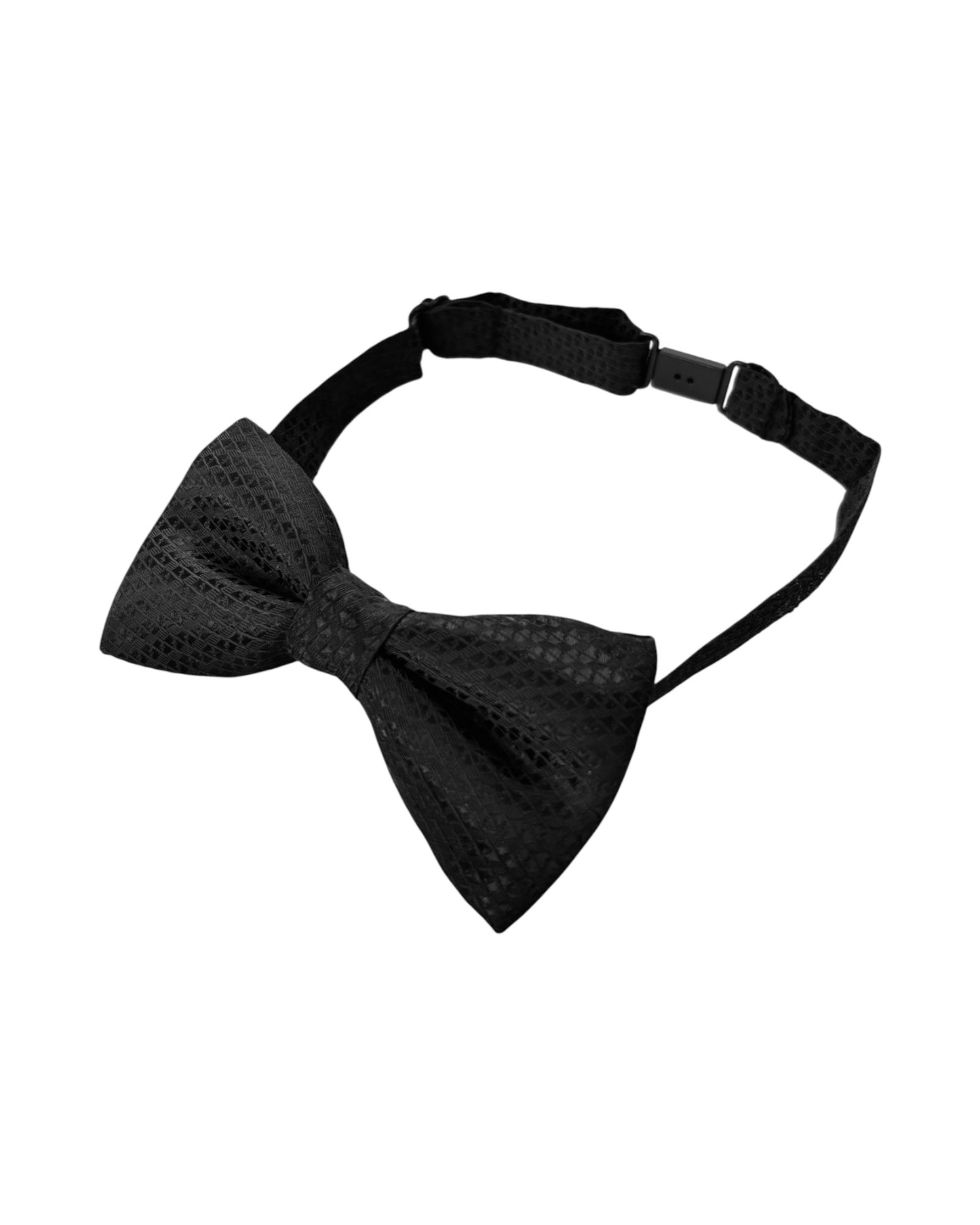 Boys black bow tie with subtle diamond pattern, showing the front and adjustable band and clip.
