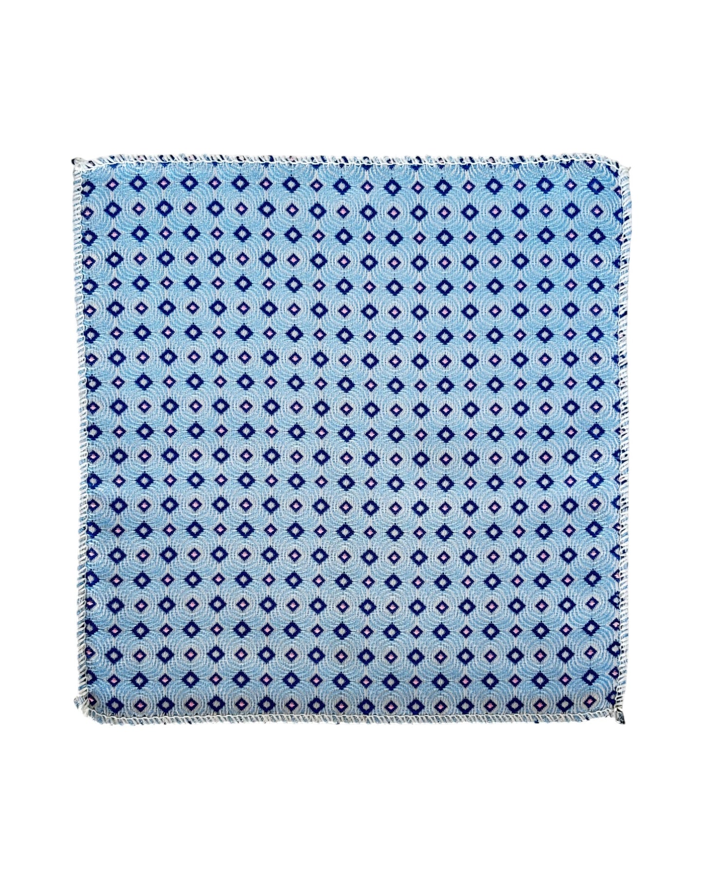 Blue patterned pocket square on a white background