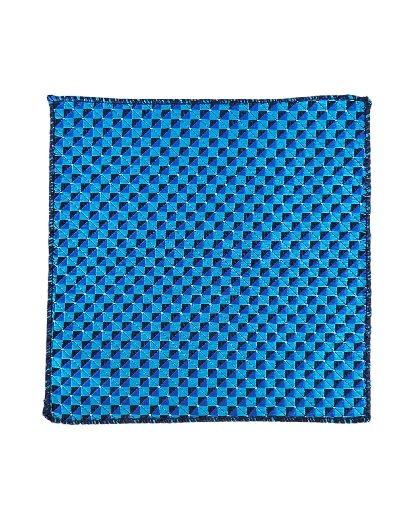 Blue and black checkered patterned Pocket Square on a white background