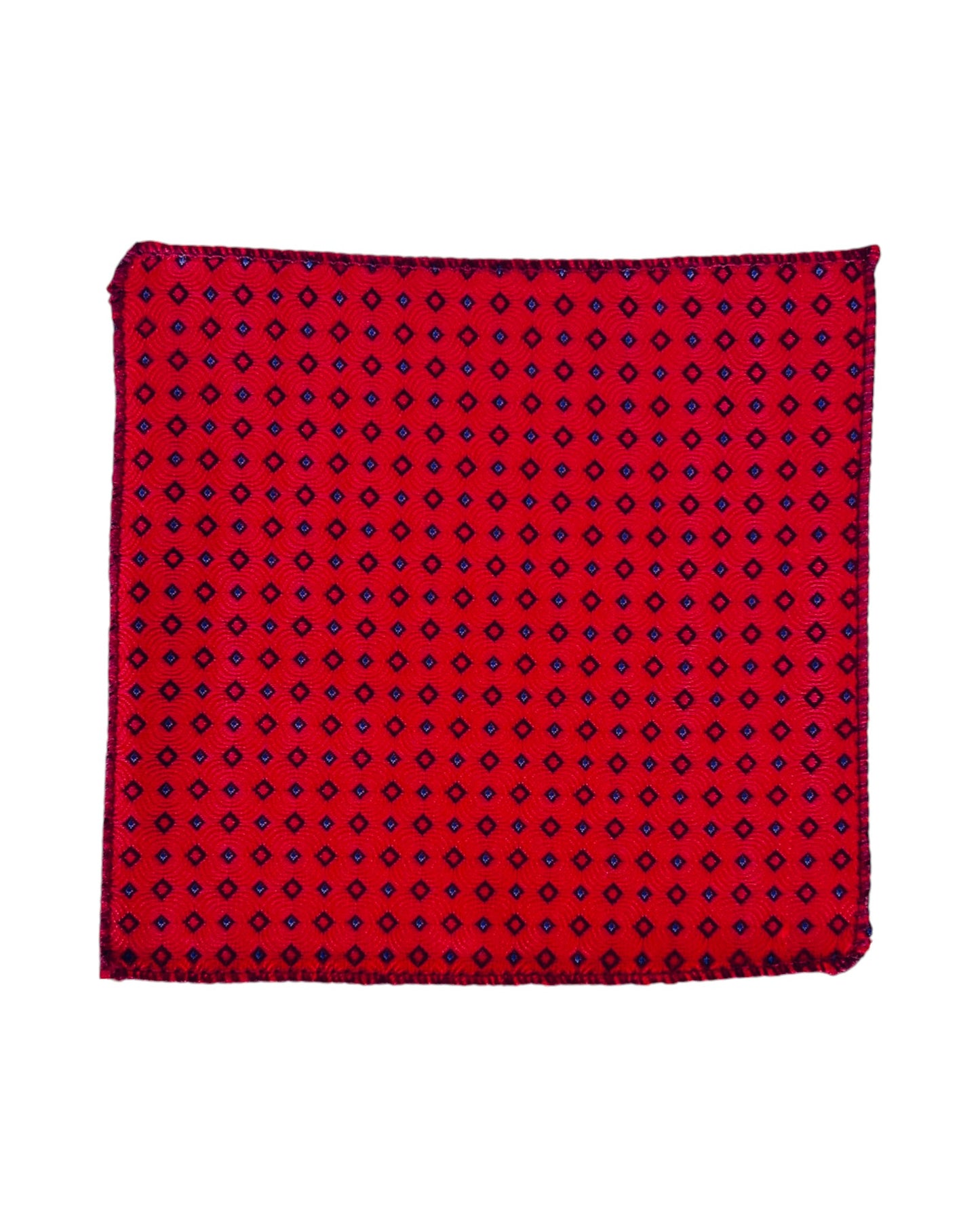 Red pocket square with black geometric pattern on a white background
