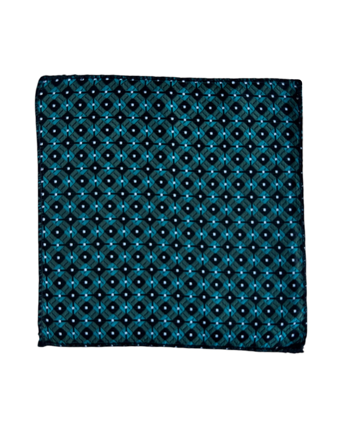 Teal pocket square with black geometric pattern on a white background