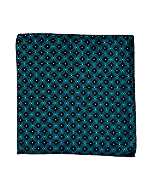 Teal pocket square with black geometric pattern on a white background