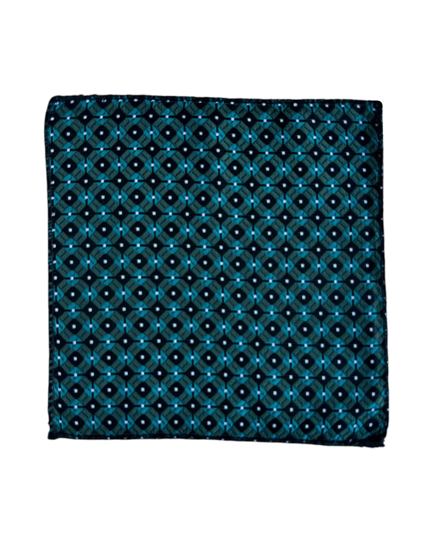 Teal pocket square with black geometric pattern on a white background