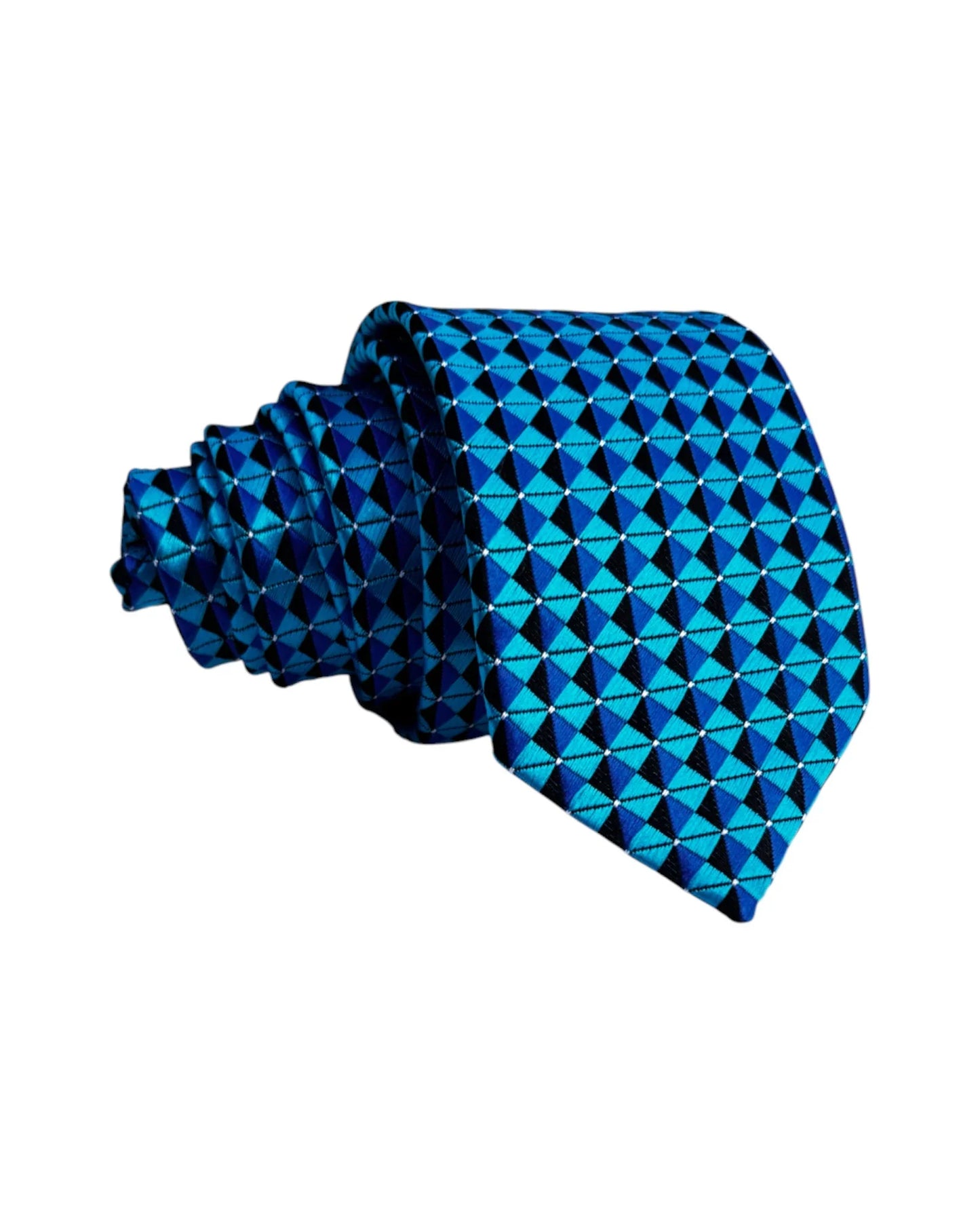 Boys Blue patterned tie on a white background, side angle