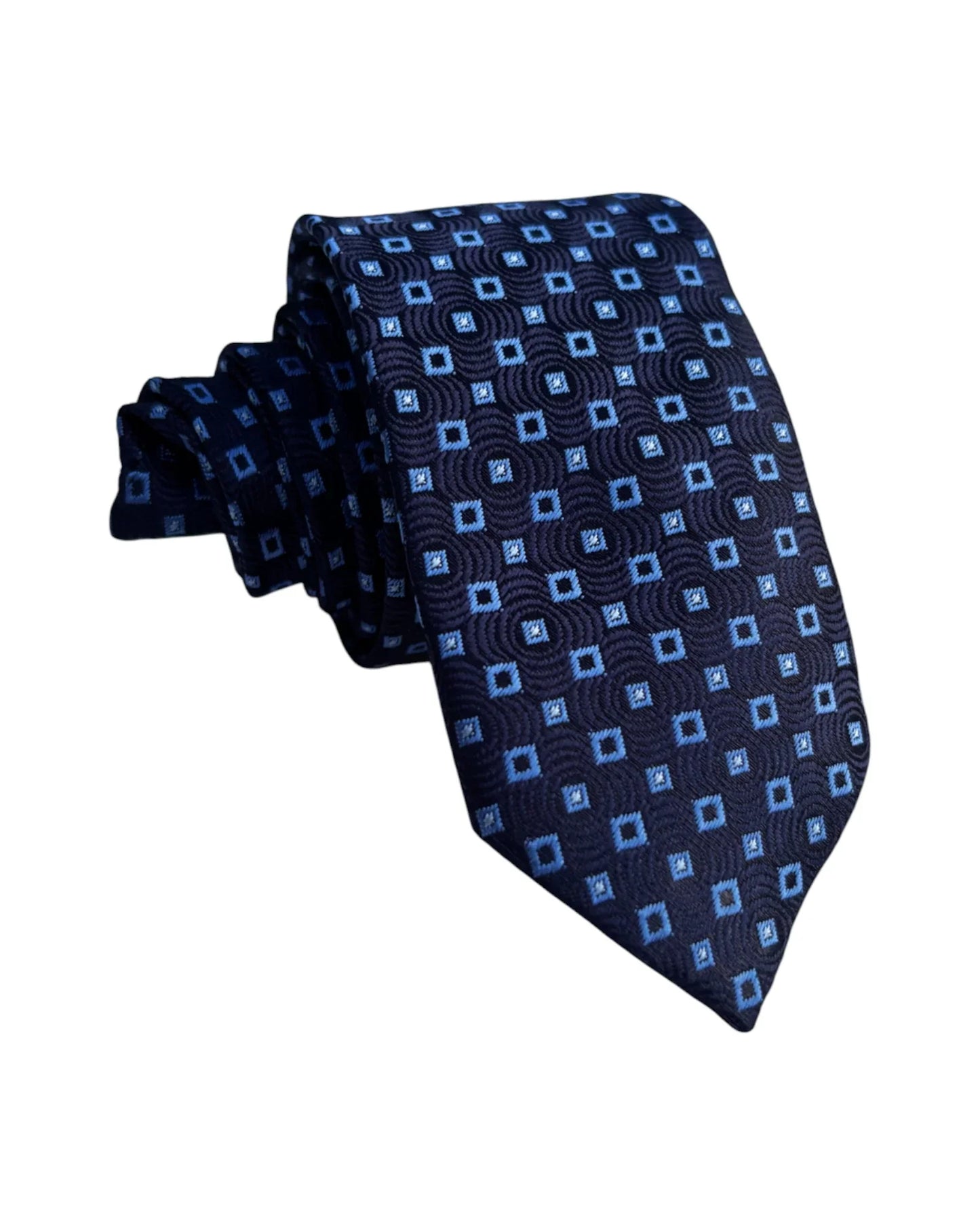 side angle view of Boys Navy Blue Patterned Tie