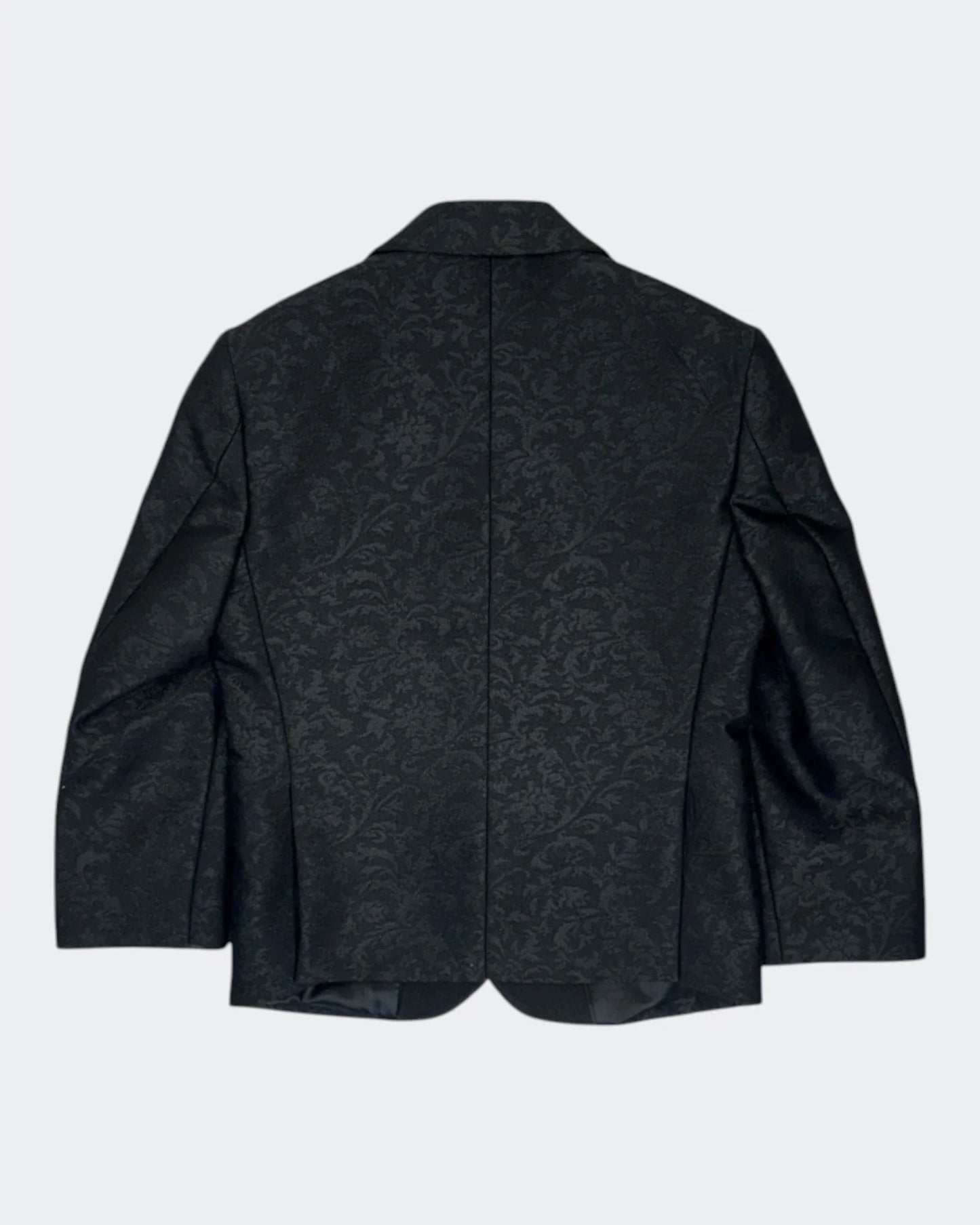 flat lay of back of black kids jacquard blazer
