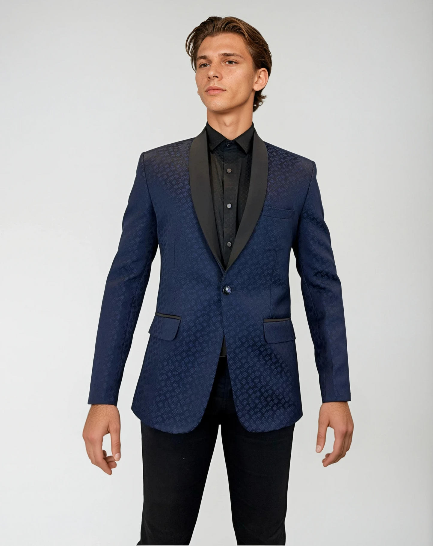 Navy Jacquard Diamond Pattern Blazer