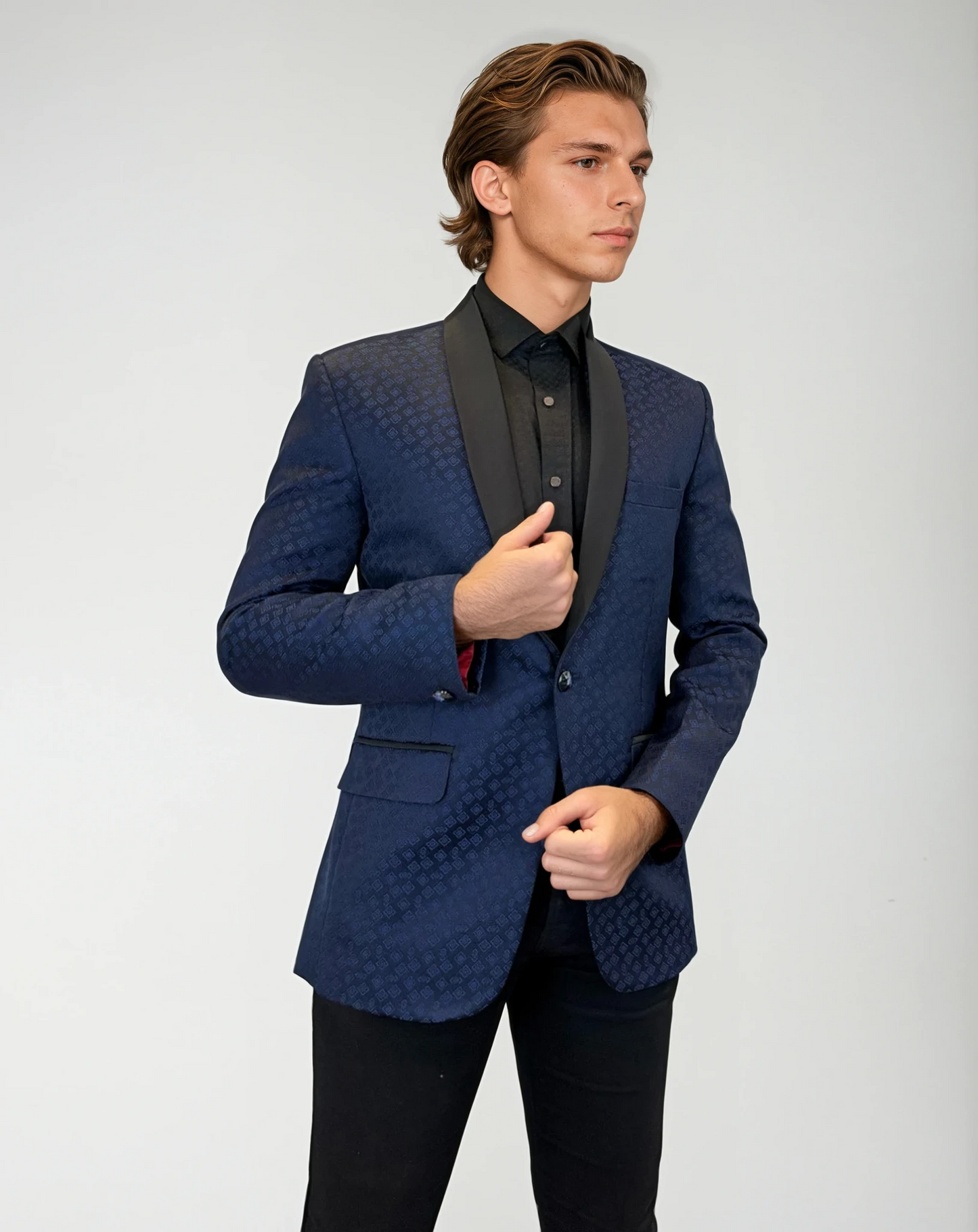 Navy Jacquard Diamond Pattern Blazer