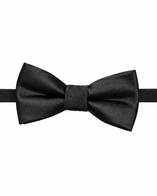 A boys black microfibre bow tie with a matching black elastic band, presented against a solid white background.
