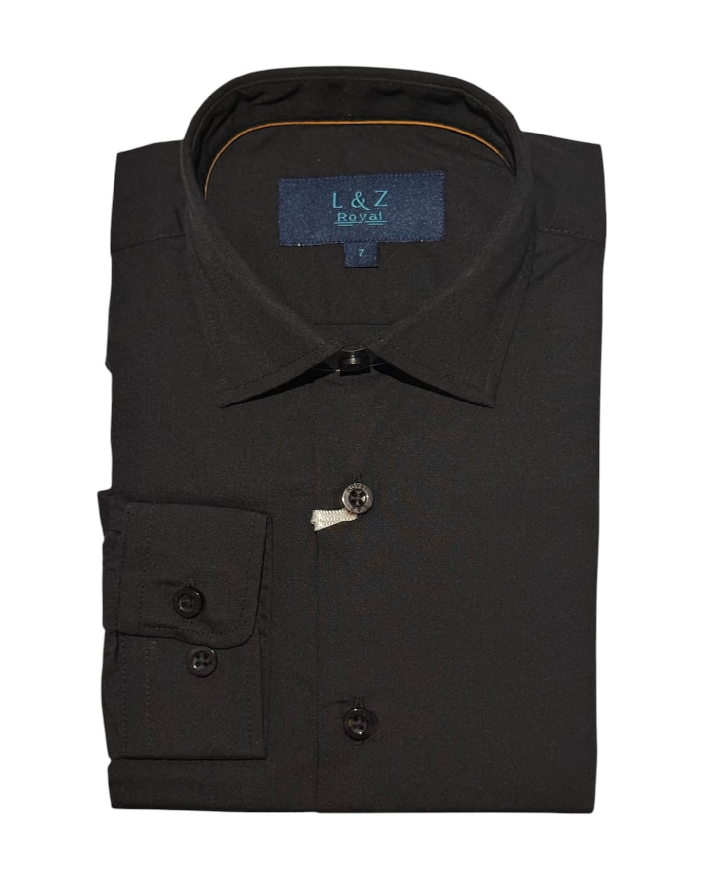 Black dress shirt with a visible brand label on a white background