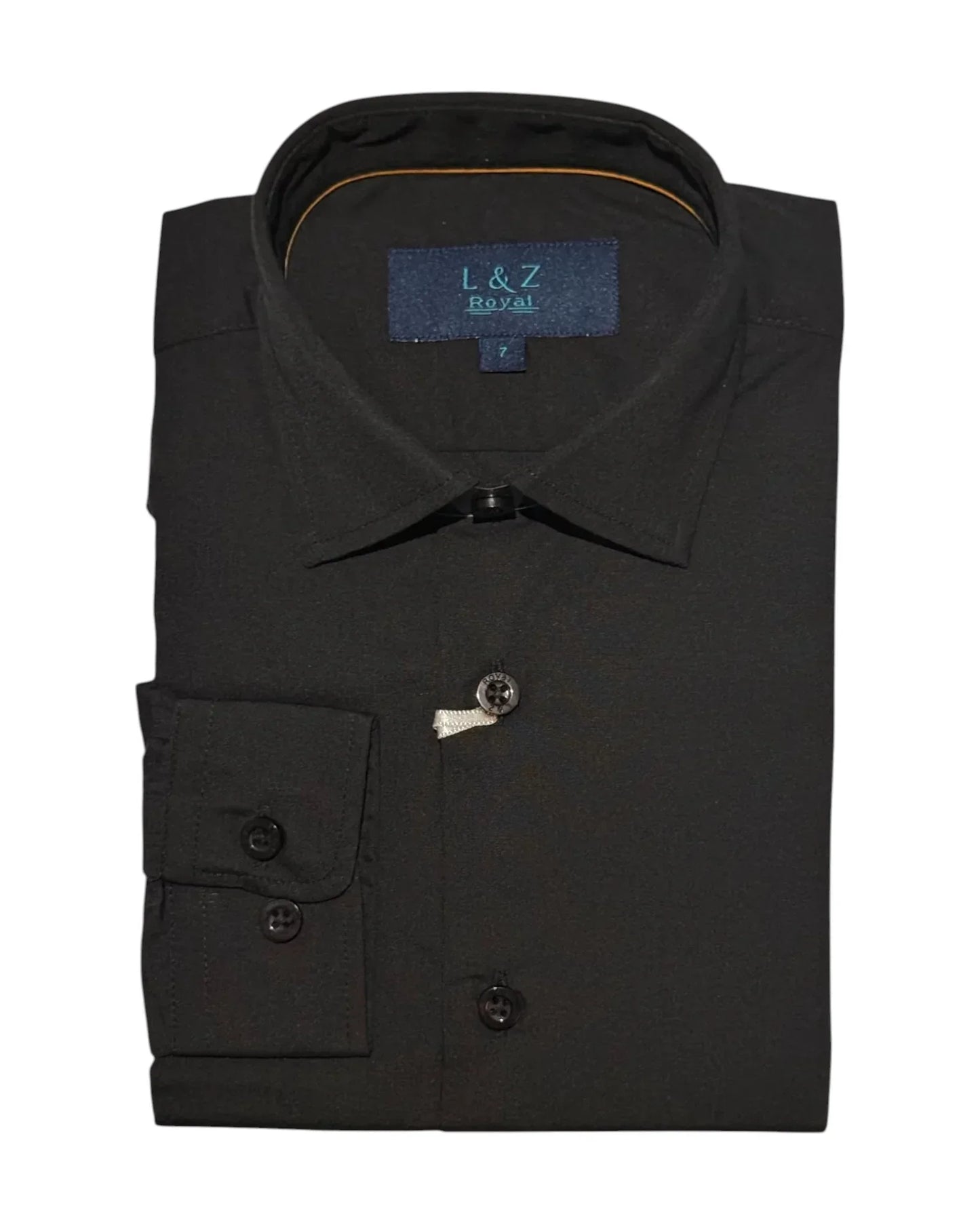 Black dress shirt with a visible brand label on a white background