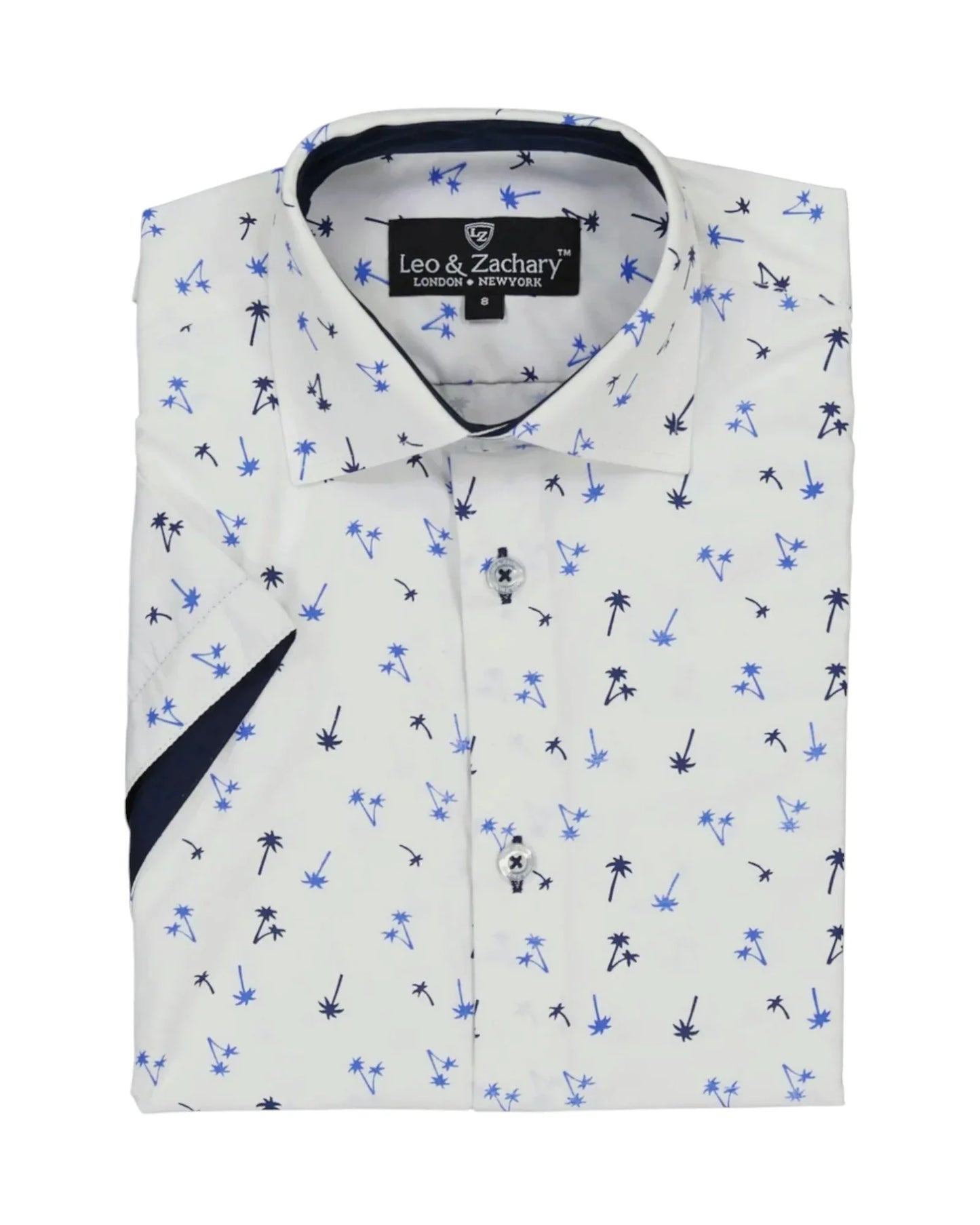 A kids white shirt with a subtle palm leaf pattern, featuring a collar and button-up front.
