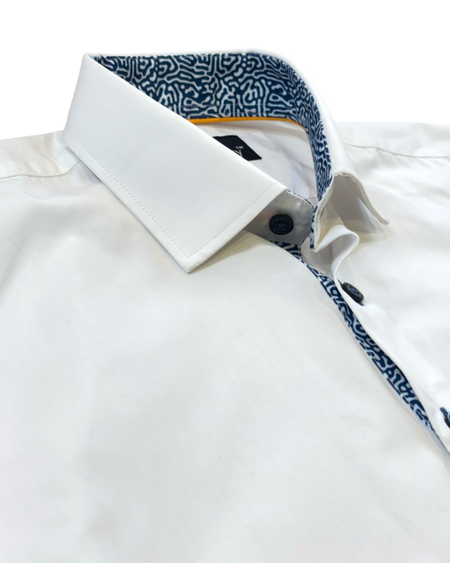 White short sleeves shirt with blue patterned trim on a white background
