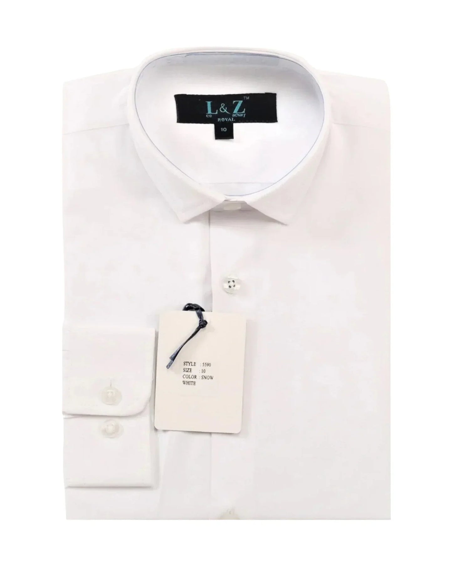 White dress shirt with a visible brand label on a white background