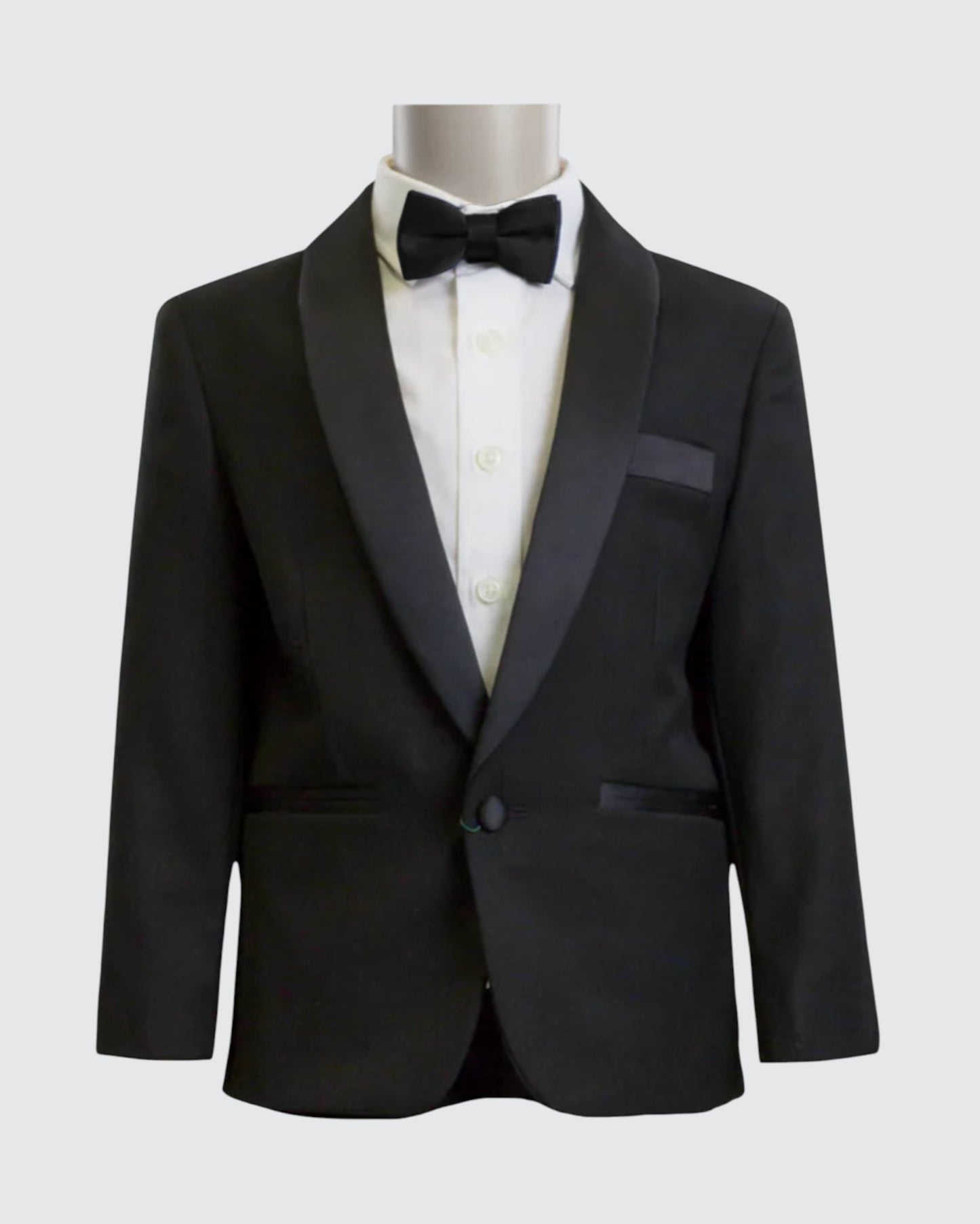 Black tux, including black shawl lapel blazer, white shirt, black dress pants, and black bow tie on mannequin.