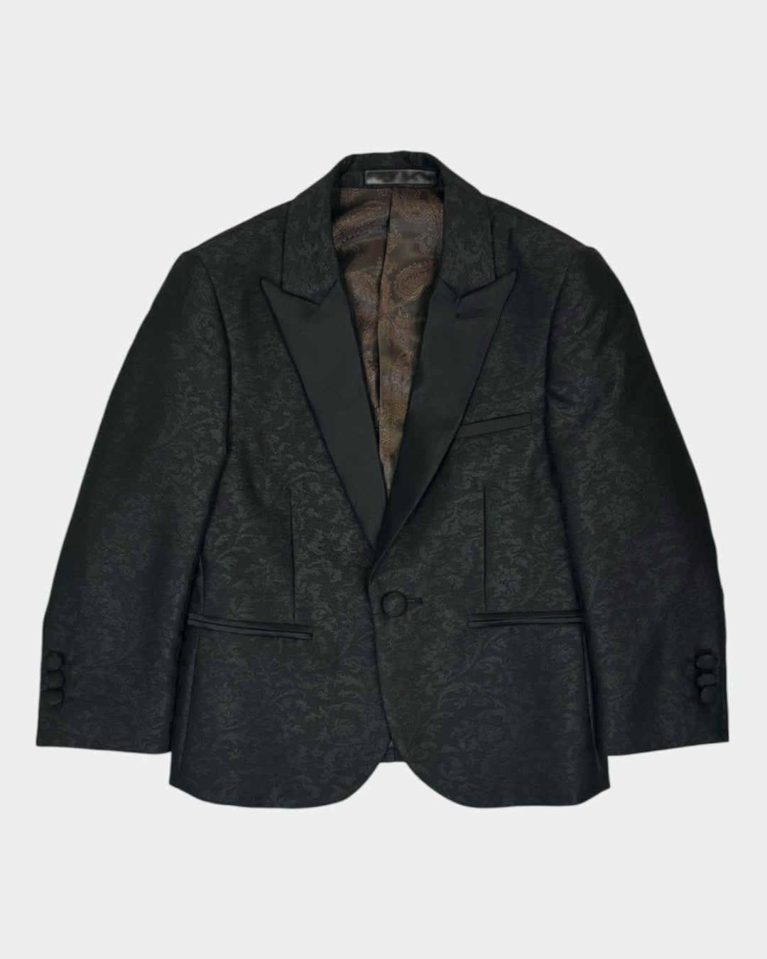 flat lay of front of black kids jacquard blazer