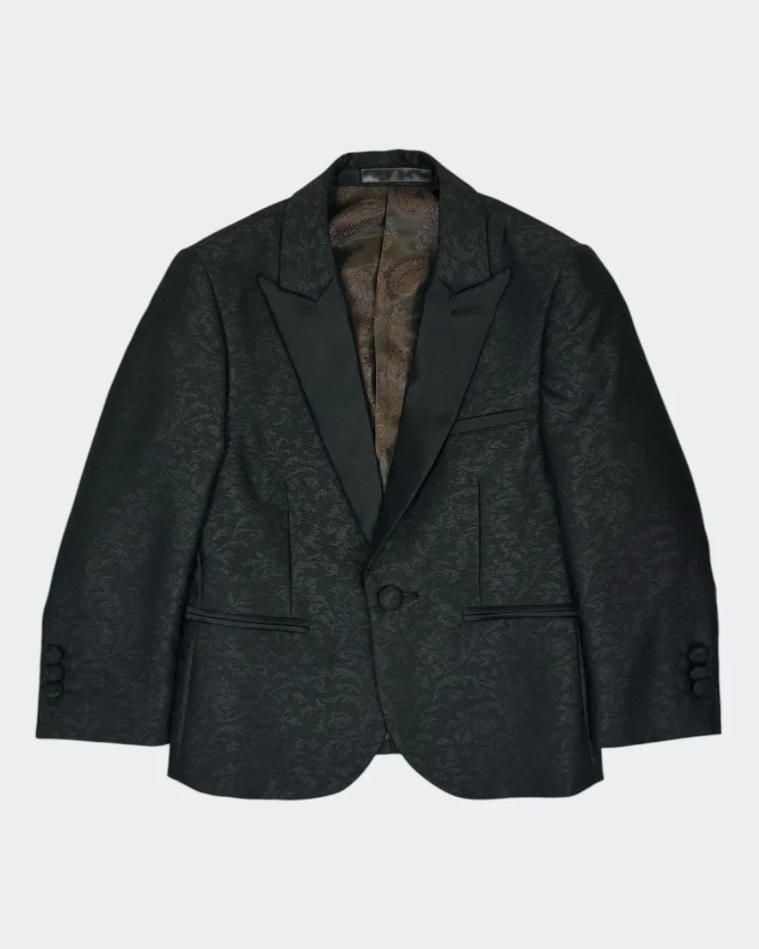 flat lay of front of black kids jacquard blazer