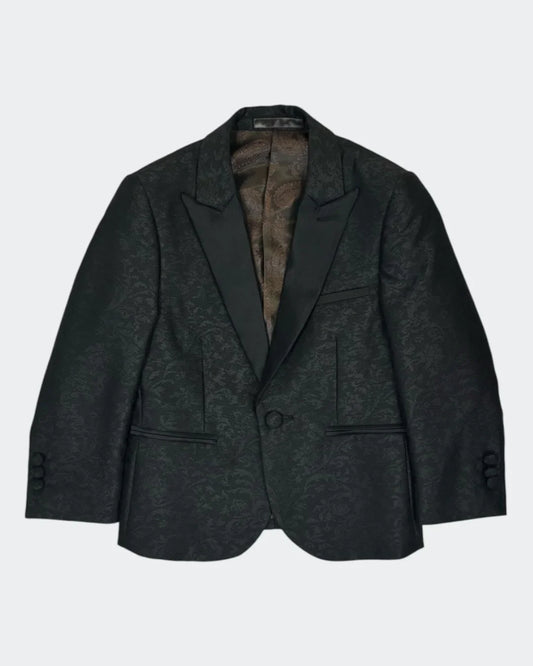 flat lay of front of black kids jacquard blazer