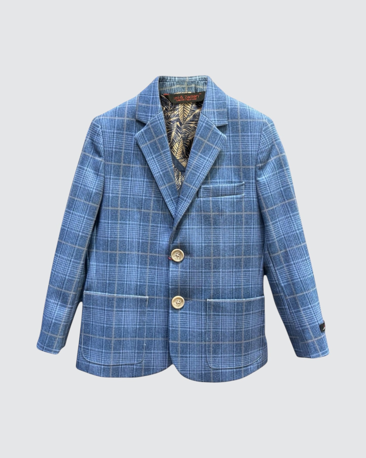 image of blue blazer with beige checks.