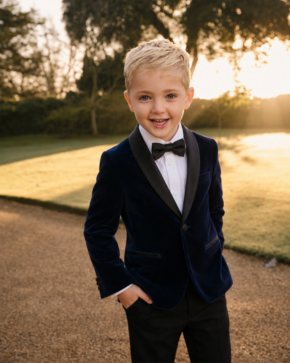 A young boy wearing a navy blue velvet tuxedo jacket with black satin lapels, a white dress shirt, and a black bow tie, standing outdoors in a sunny park setting.