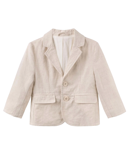 A light beige linen-textured blazer jacket with notch lapels, two front buttons, and two front flap pockets, shown flat on a white background.