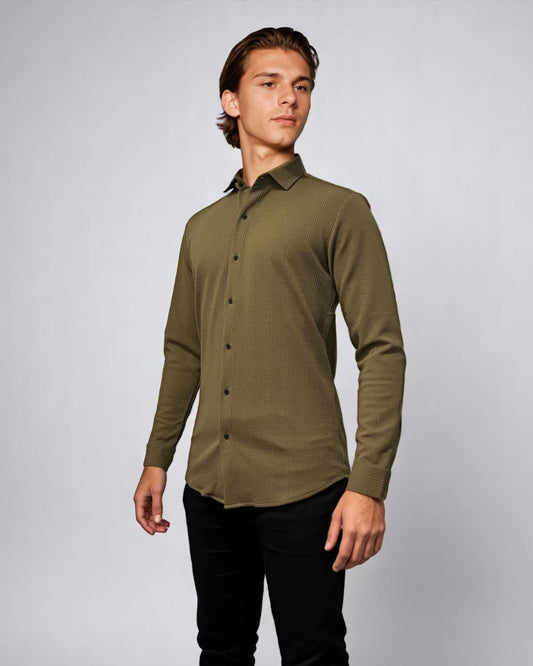 Slim fit coffee brown jacquard shirt for men, ideal for clubbing, dinner dates, and beach events
