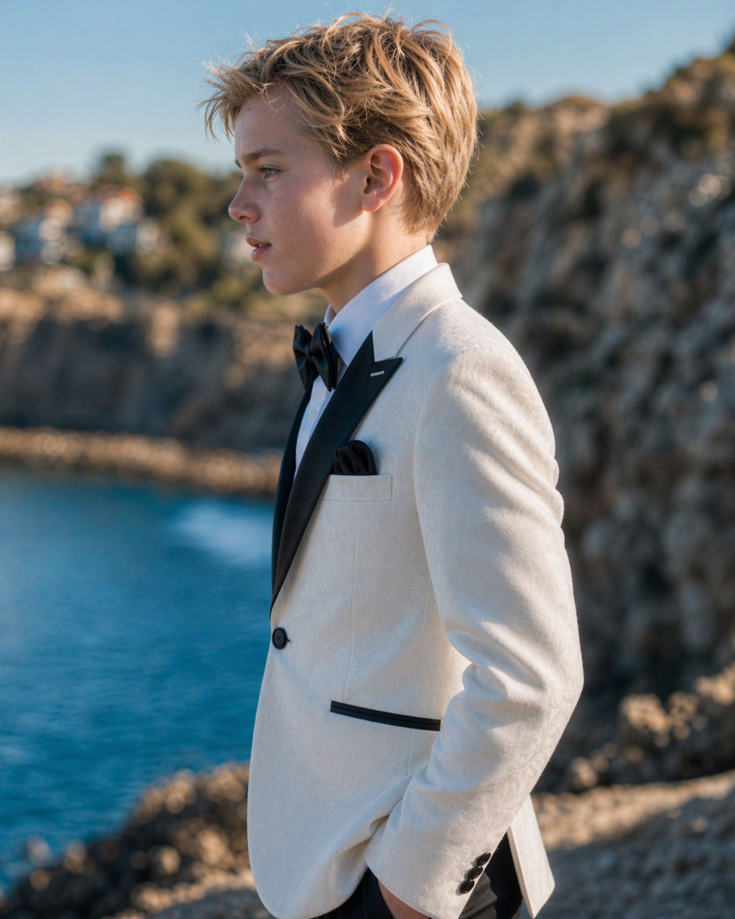 young boy in white blazer with black lapels styled for formal event near coastline