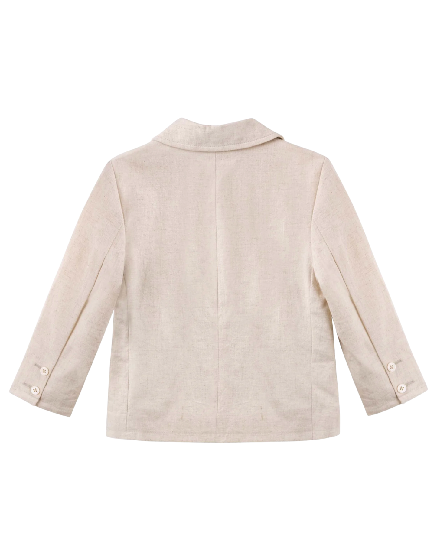 A light beige linen-blend blazer shown from the back, featuring a collar, long sleeves with button cuffs, and a central seam, photographed on a solid white background.