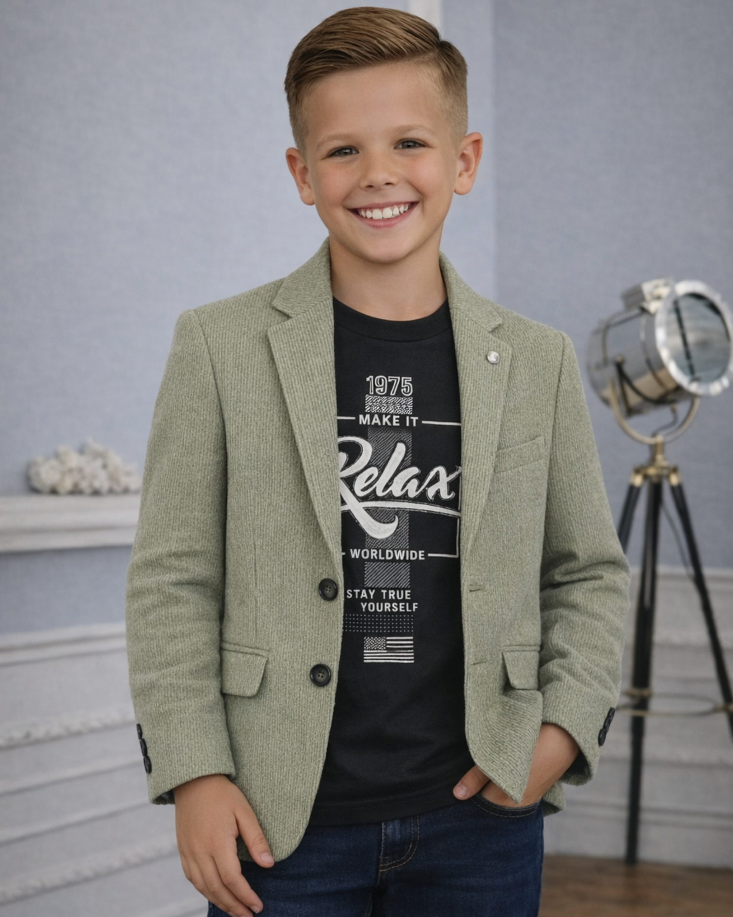 Boy wearing olive corduroy blazer with black graphic t-shirt and jeans, styled for smart casual events and outings