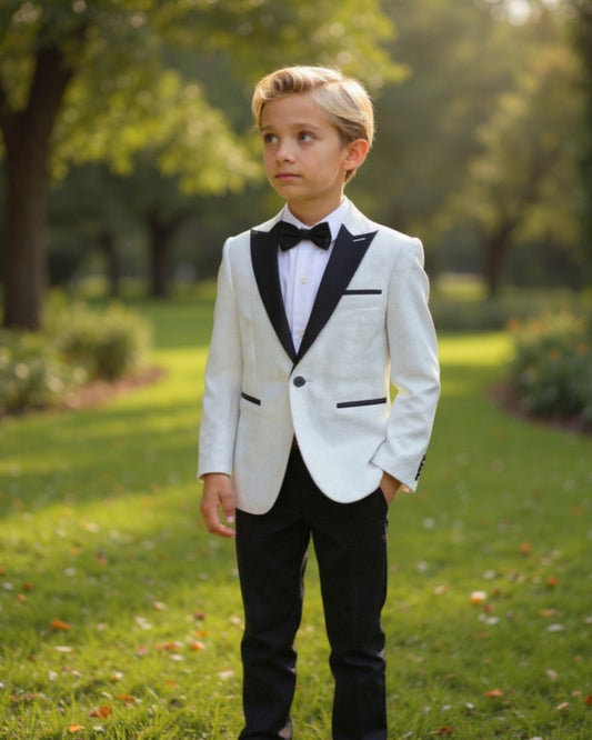 Young boy in a formal suit standing outdoors on grass with trees in the background. wearing white jacquard blazer