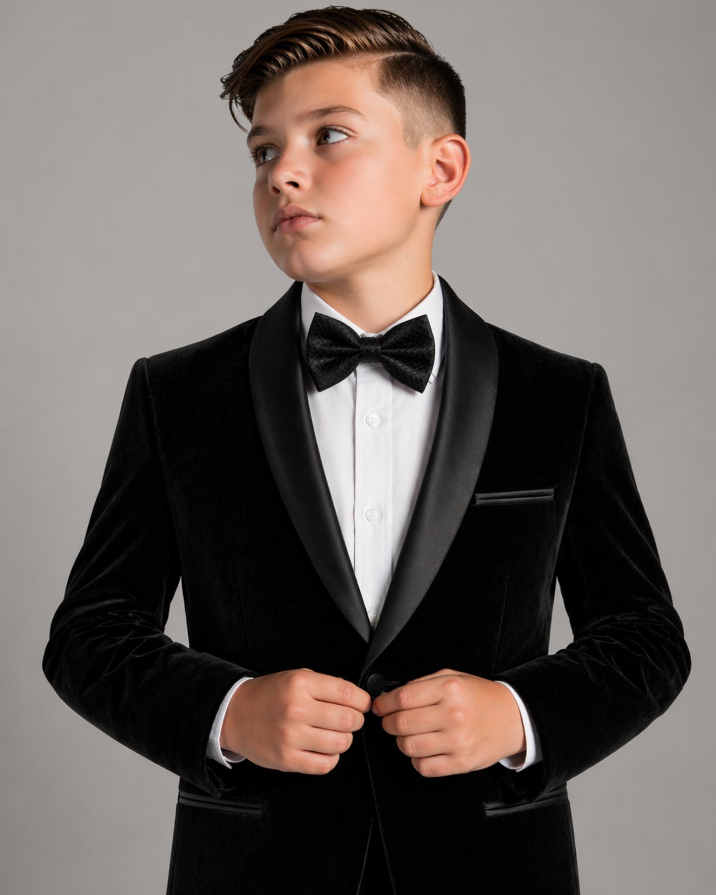 Young boy wearing a black tuxedo with a white shirt and black bow tie against a gray background.
