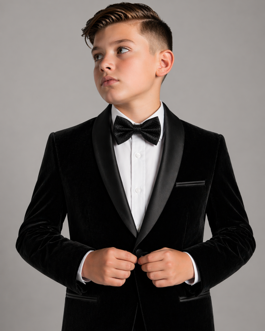 Young boy wearing a black tuxedo with a white shirt and black bow tie against a gray background.