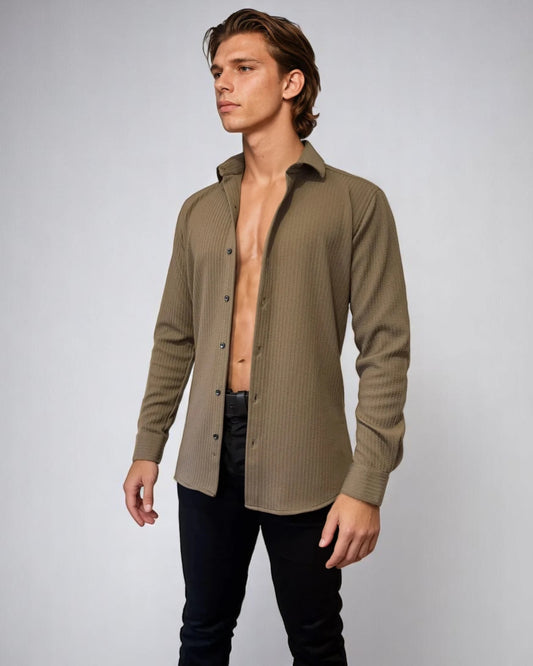 Slim fit olive brown jacquard shirt for men, perfect for smart-casual dinners, parties, or night events

