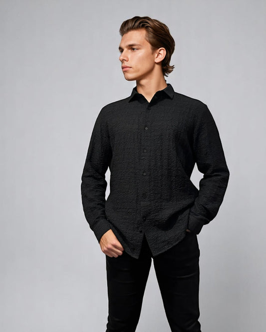 Men's Black Open Weave Waffle Shirt