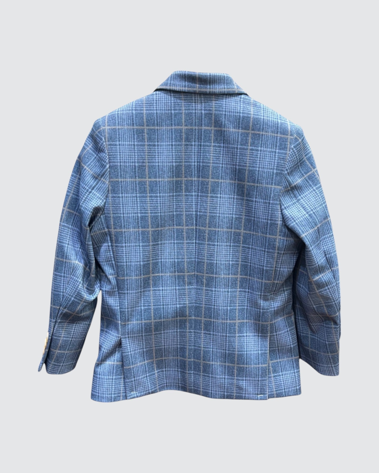 image of blue blazer with beige checks, back view