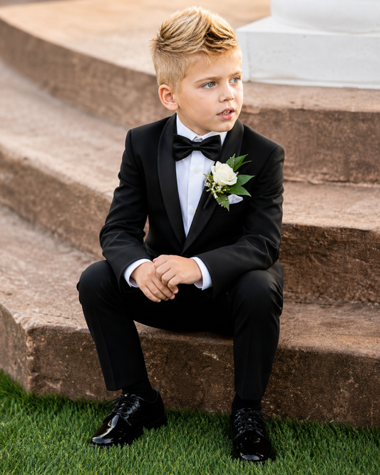 Young boy in a black tuxedo sitting on steps outdoors