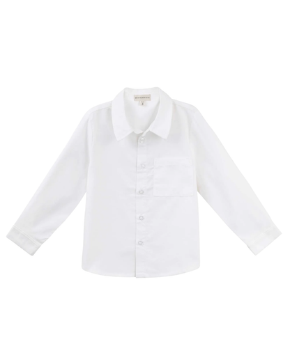 A white long-sleeve button-up shirt with a pointed collar and a single chest pocket, shown flat against a plain white background.