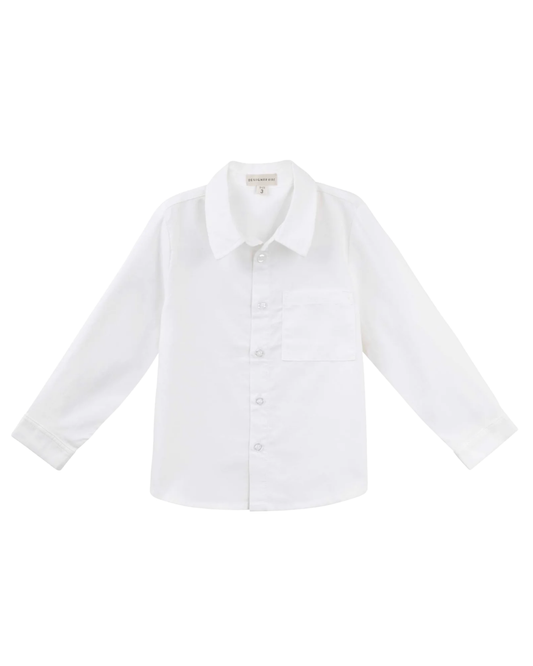 A white long-sleeve button-up shirt with a pointed collar and a single chest pocket, shown flat against a plain white background.
