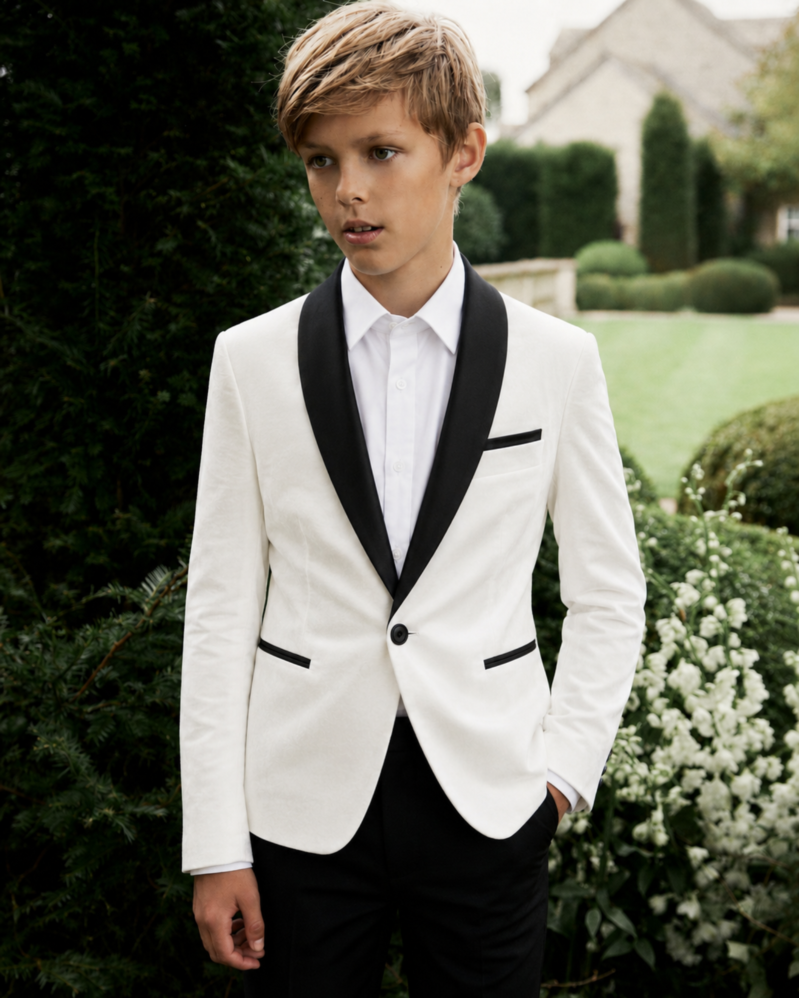 Young boy in a white suit with black lapels standing outdoors.