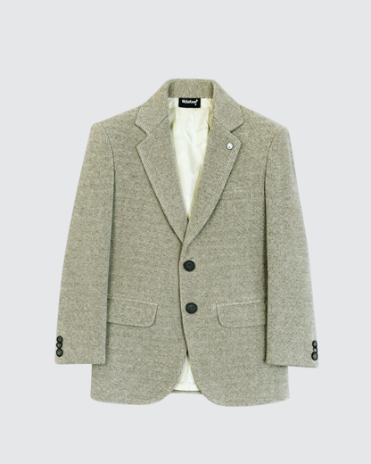 Boys olive corduroy blazer front view with two button closure, notch lapel and structured fit