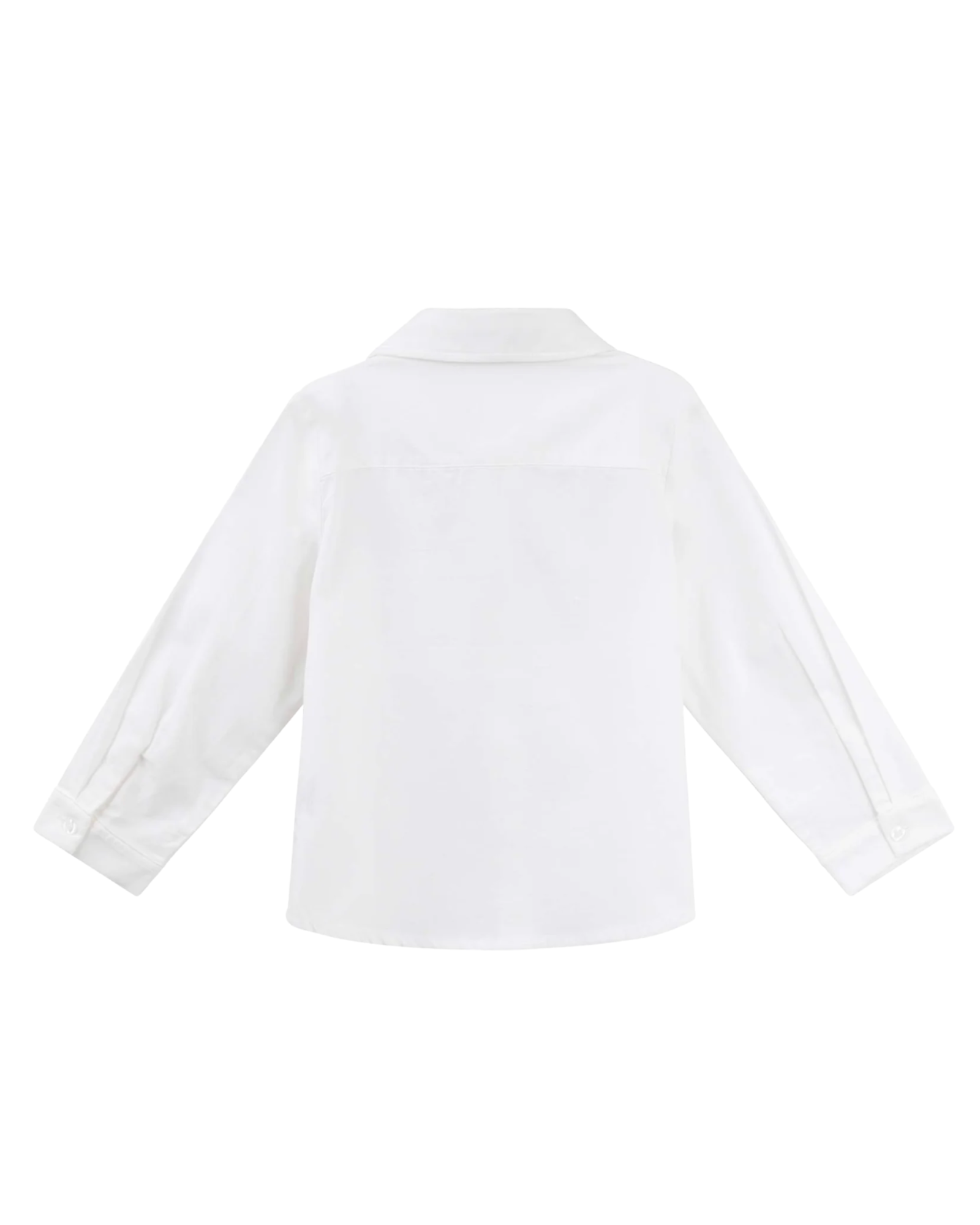 A white long-sleeve button-up shirt shown from the back, photographed flat against a solid white background.