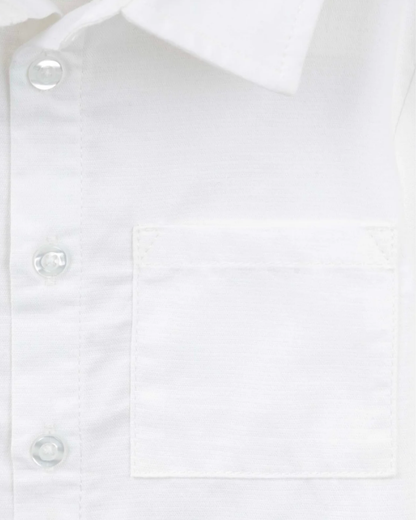 Close-up of a white long-sleeve button-down shirt showing the collar, front button placket, and a chest pocket.