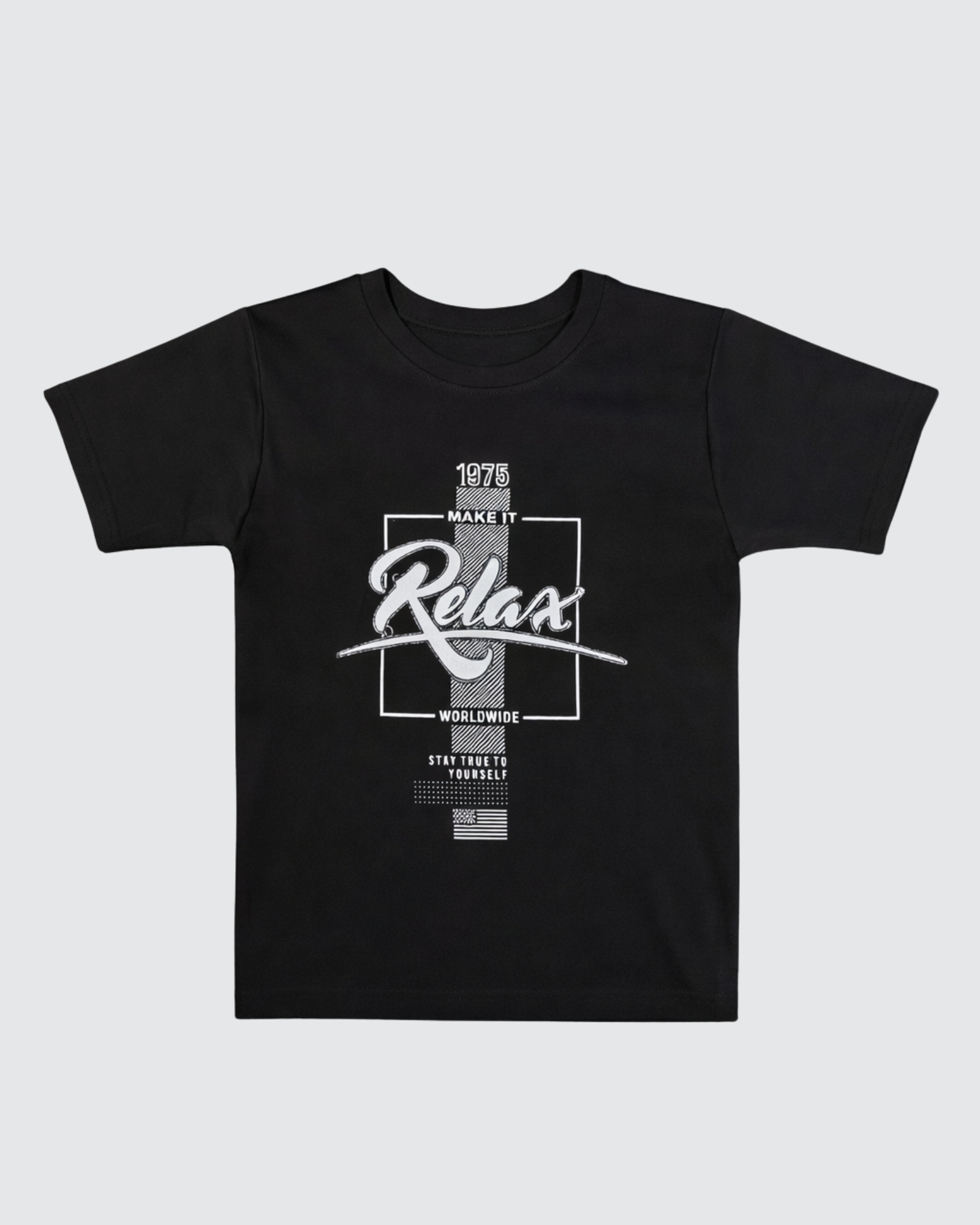 Black t-shirt with white graphic design on a light gray background