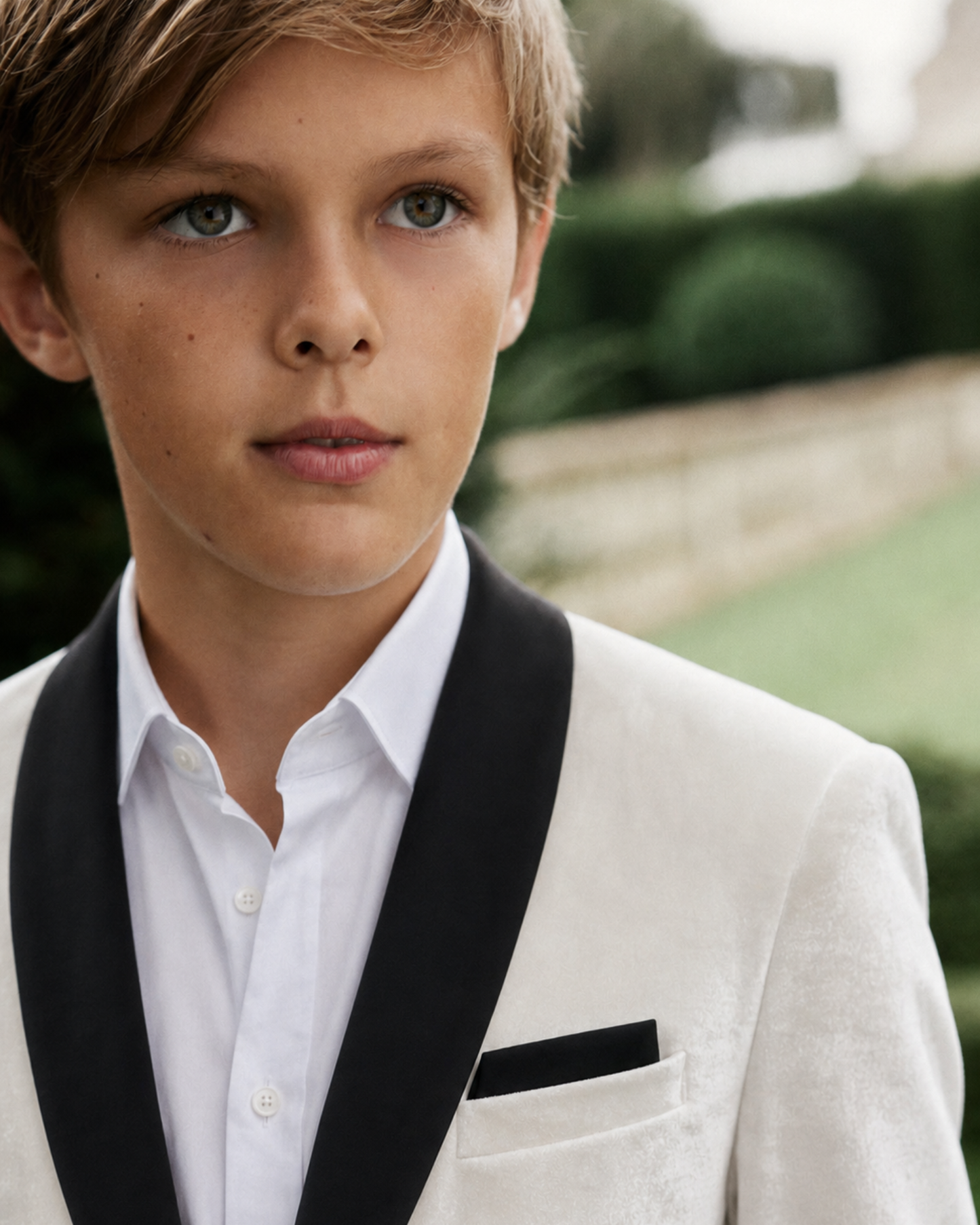 Young boy in a formal outfit with a white shirt and black lapels outdoors.