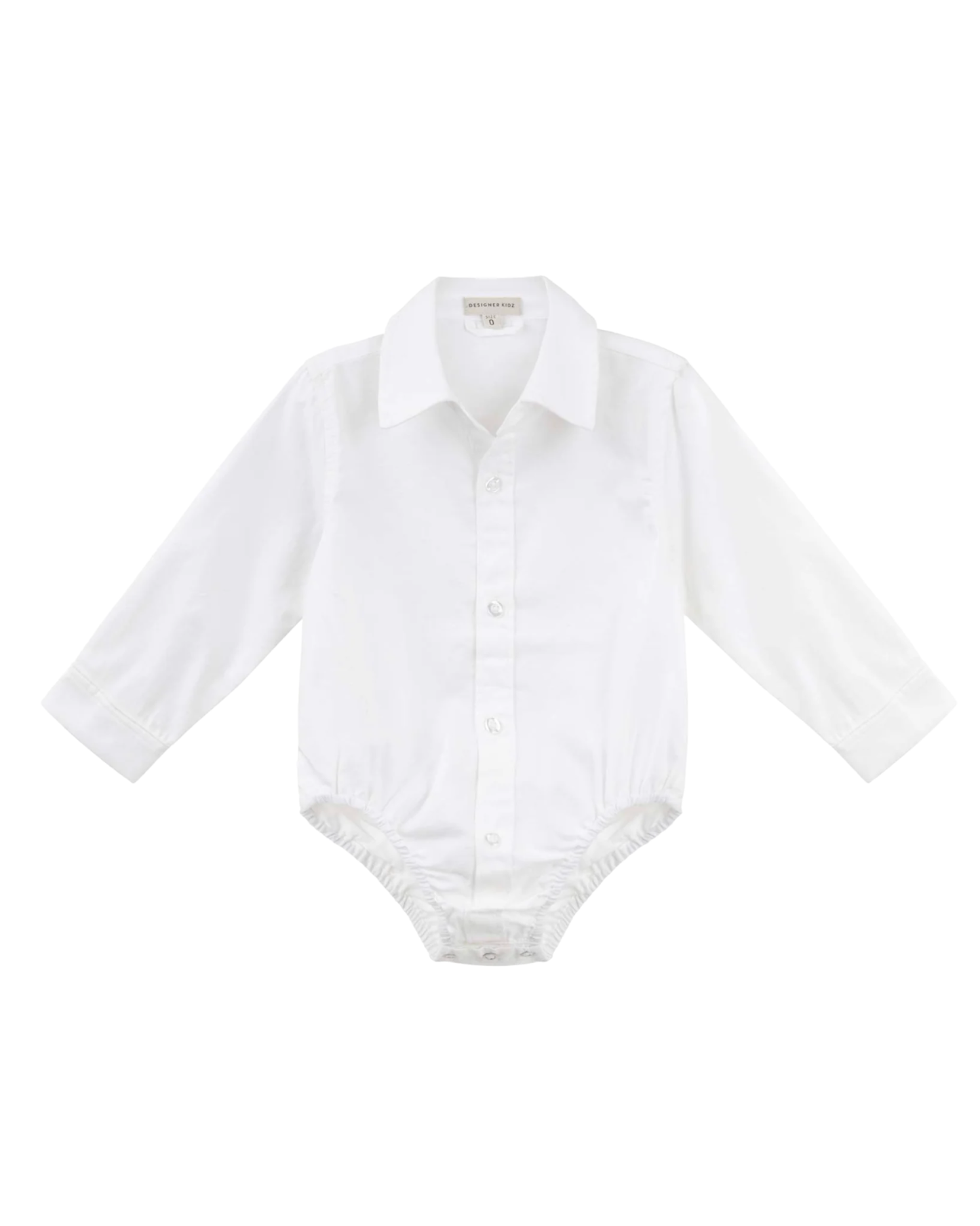A white long-sleeve baby bodysuit styled like a button-down shirt, featuring a pointed collar, button front, and elastic crotch, shown on a plain white background.