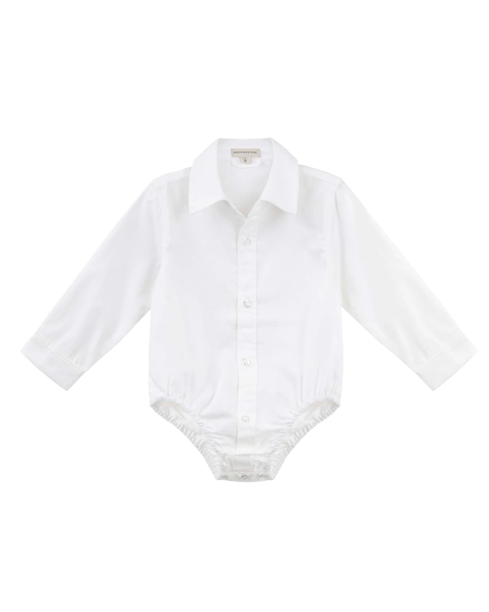 A white long-sleeve baby bodysuit styled like a button-down shirt, featuring a pointed collar, button front, and elastic crotch, shown on a plain white background.
