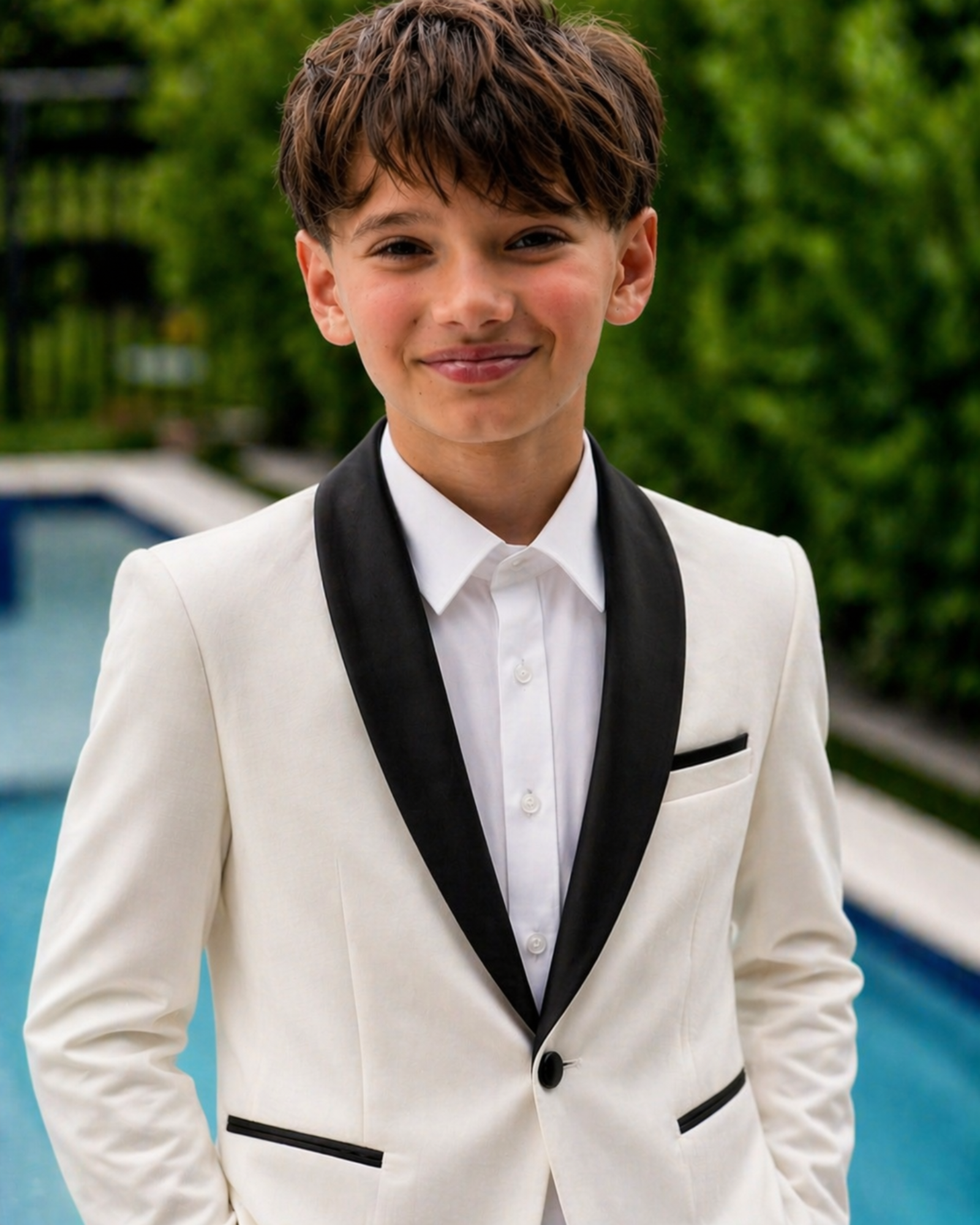 boy wearing white velvet blazer with black lapel formal wedding outfit outdoors