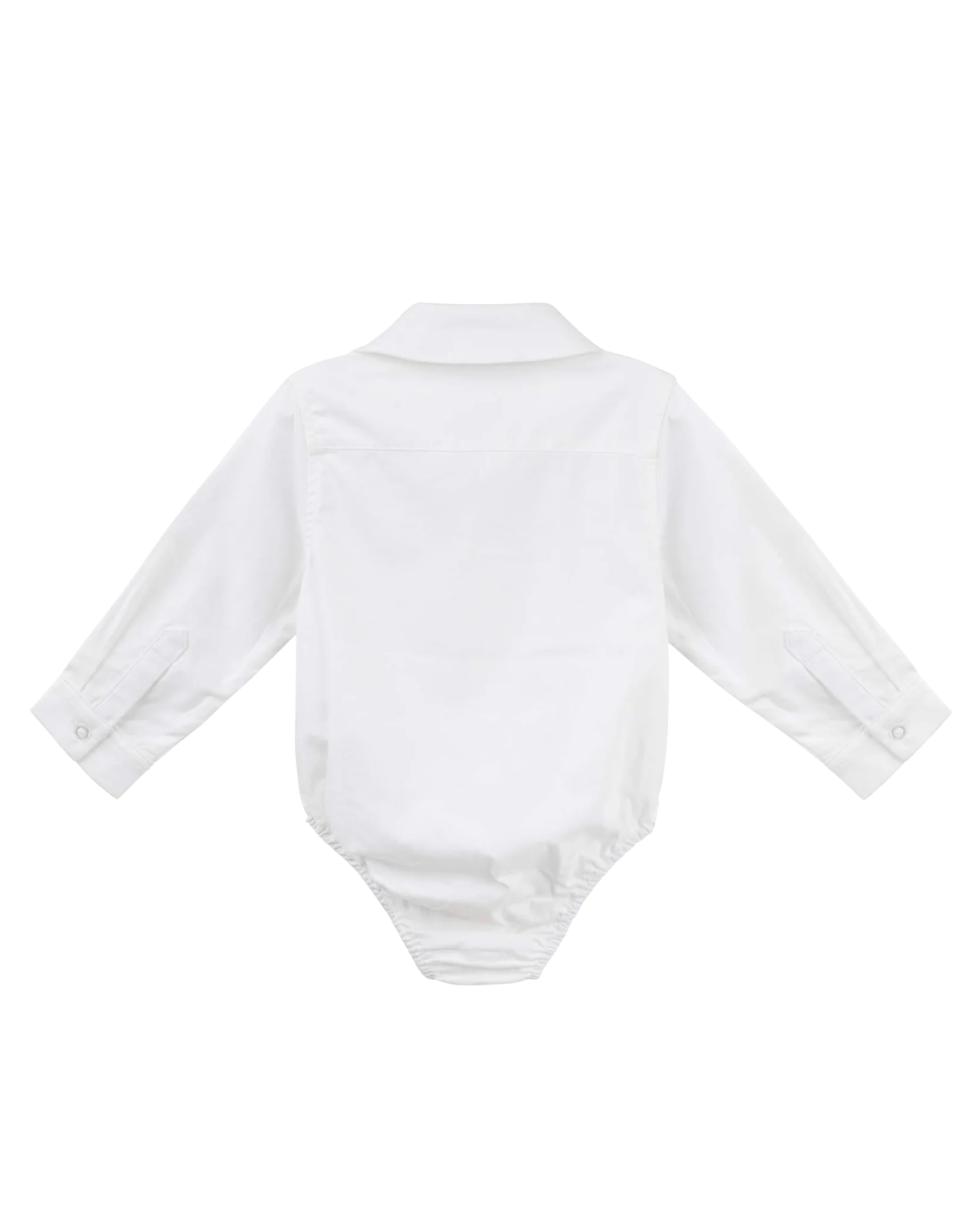 A white long-sleeve baby romper with a collared shirt design, shown from the back on a solid white background.